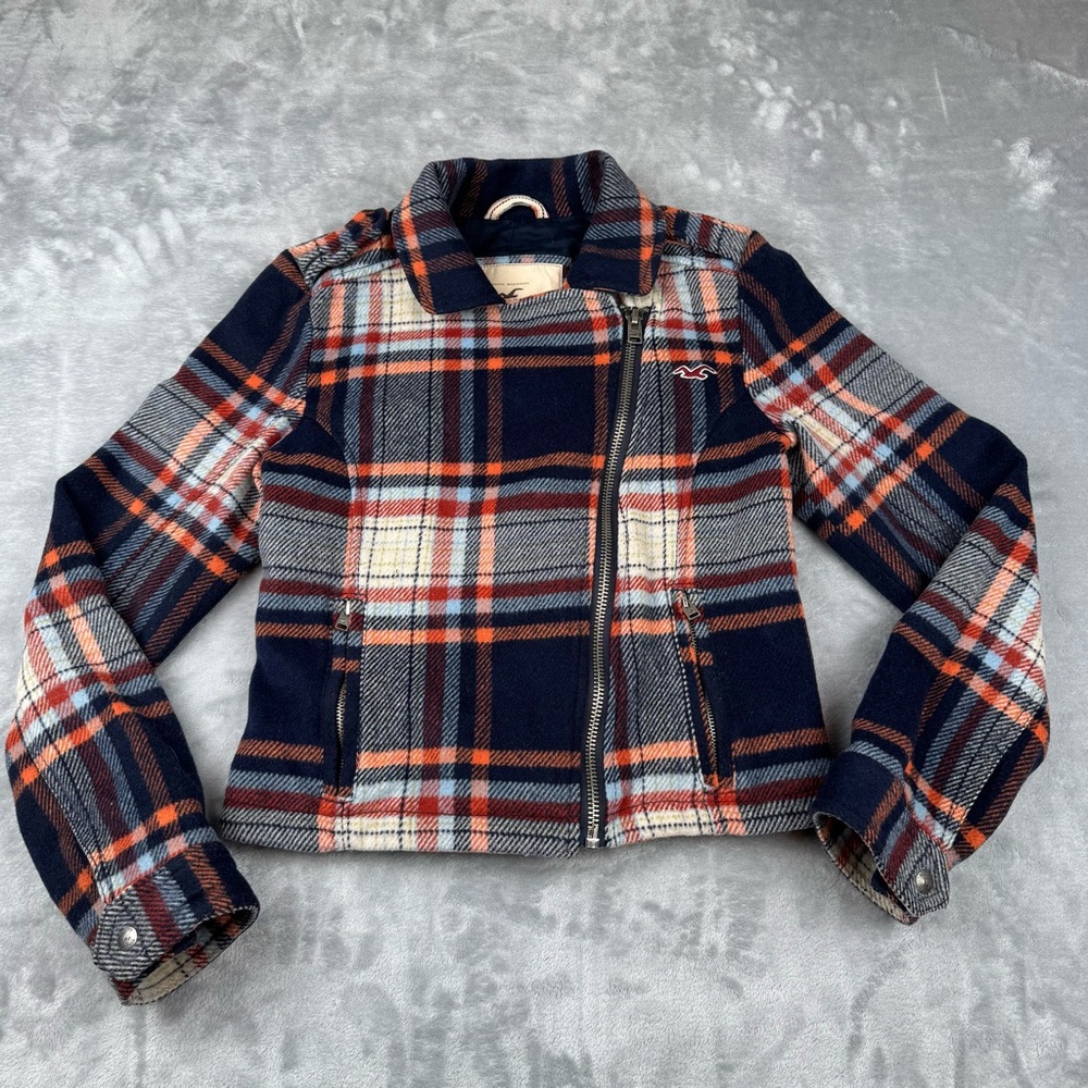 Hollister Womens Jacket Size M Vintage Y2K Wool Blend Plaid Moto Style Zip Up